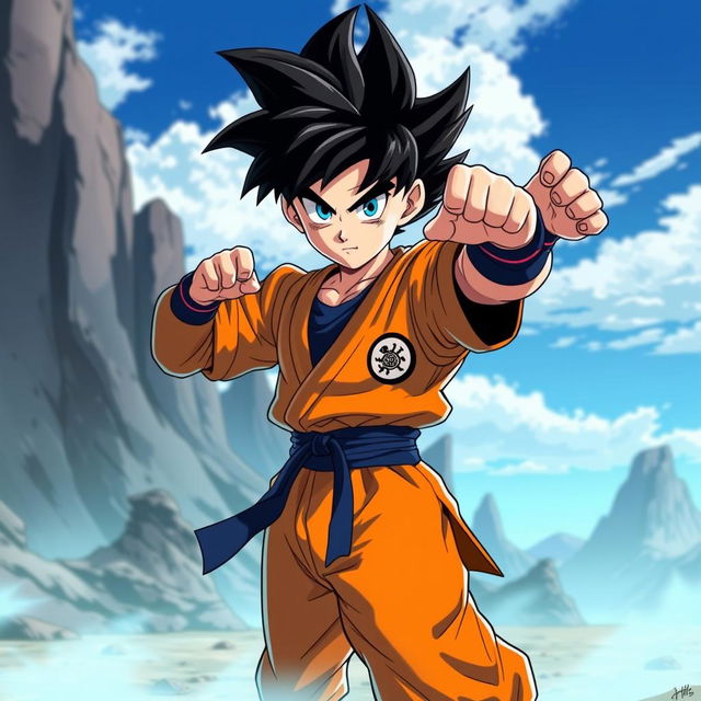 A character design of a teenage boy with spiky black hair, vivid blue eyes, wearing a martial arts gi similar to Gohan's from Dragon Ball Z