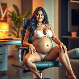 An alluring depiction of Yami Gautam seated on a stylish office chair, confidently wearing a chic bikini that accentuates her big belly and large breasts