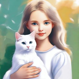 A high-quality digital art piece featuring a young girl with her white domestic cat