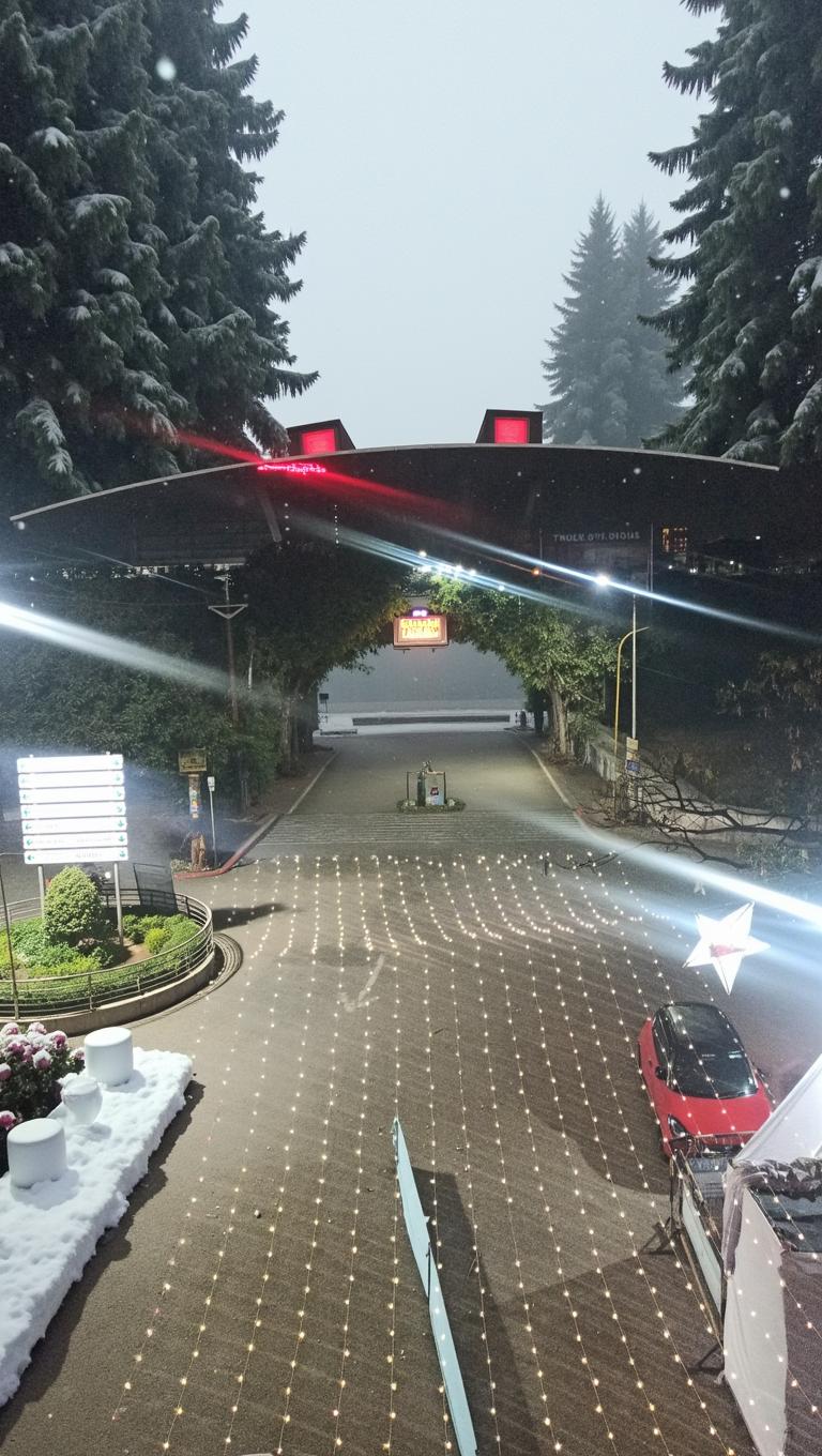 A serene night scene of a quiet road illuminated by soft white lights, resembling snowfall, with gentle glimmering effects scattered across the pavement