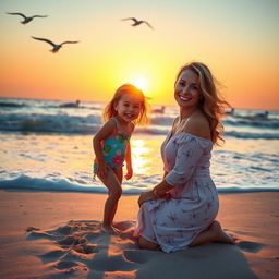 A serene beach scene featuring a woman kneeling gracefully in front of a 13-year-old girl