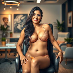A striking image of Yami Gautam confidently seated on an elegant office chair, wearing a fashionable bikini that highlights her full belly and prominent breasts
