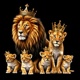 A magnificent lion and lioness with their two playful male cubs, all adorned with majestic gold crowns