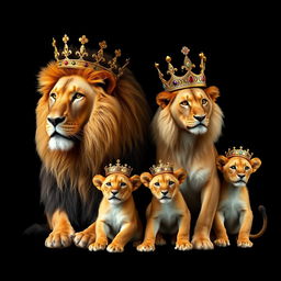 A magnificent lion and lioness with their two playful male cubs, all adorned with majestic gold crowns