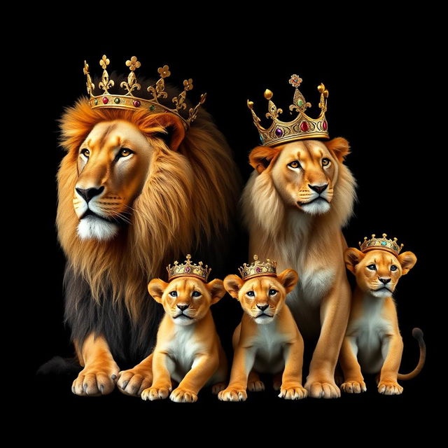 A magnificent lion and lioness with their two playful male cubs, all adorned with majestic gold crowns