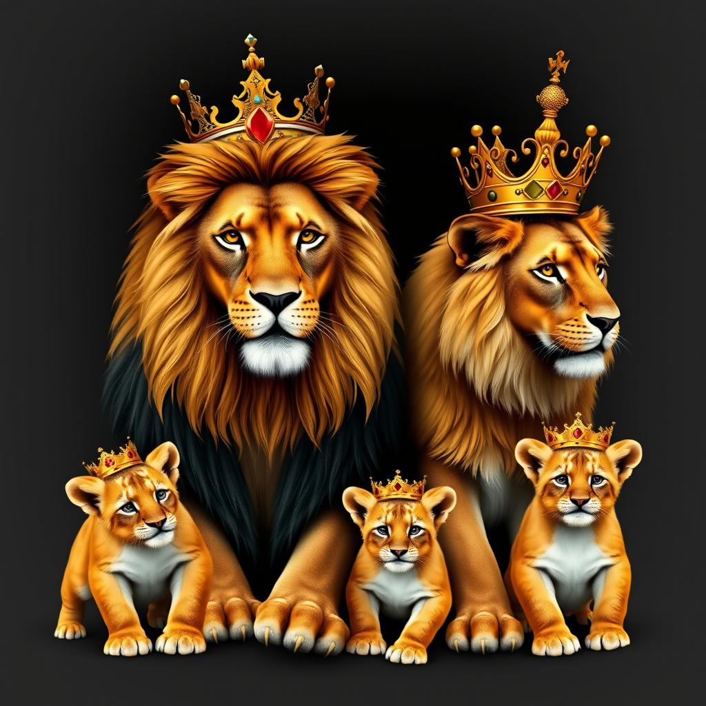 A magnificent lion and lioness with their two playful male cubs, all adorned with majestic gold crowns