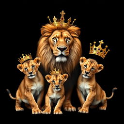 A magnificent lion and lioness with their two playful male cubs, all adorned with majestic gold crowns