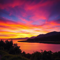A beautifully enhanced professional photograph featuring a stunning landscape at sunset, showcasing vibrant colors in the sky with shades of orange, pink, and purple
