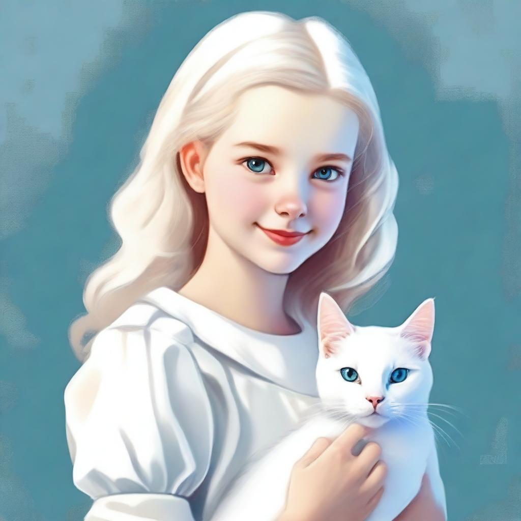 A high-quality digital art piece featuring a young girl with her white domestic cat