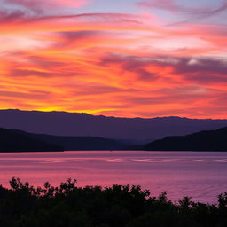 A beautifully enhanced professional photograph featuring a stunning landscape at sunset, showcasing vibrant colors in the sky with shades of orange, pink, and purple