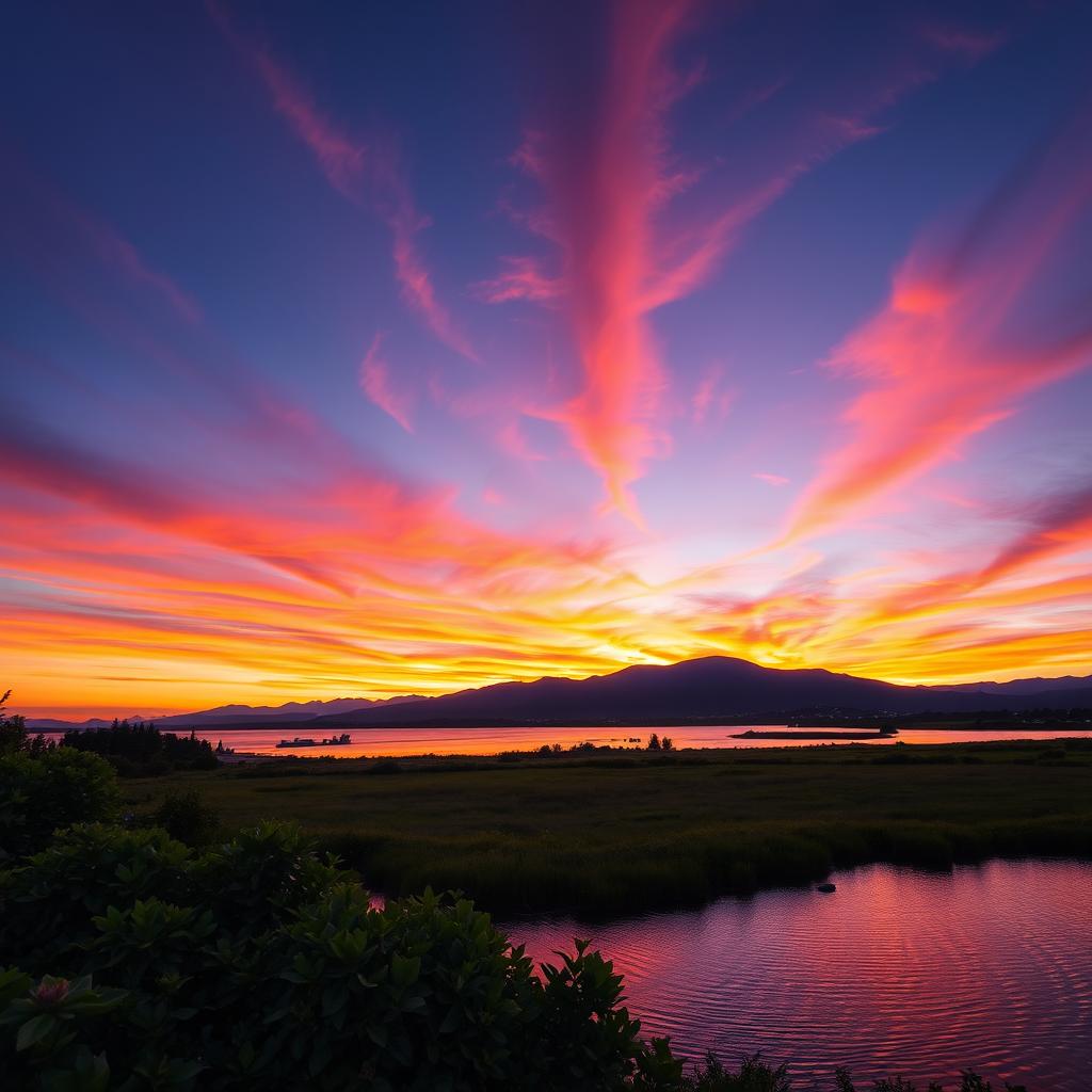 A beautifully enhanced professional photograph featuring a stunning landscape at sunset, showcasing vibrant colors in the sky with shades of orange, pink, and purple