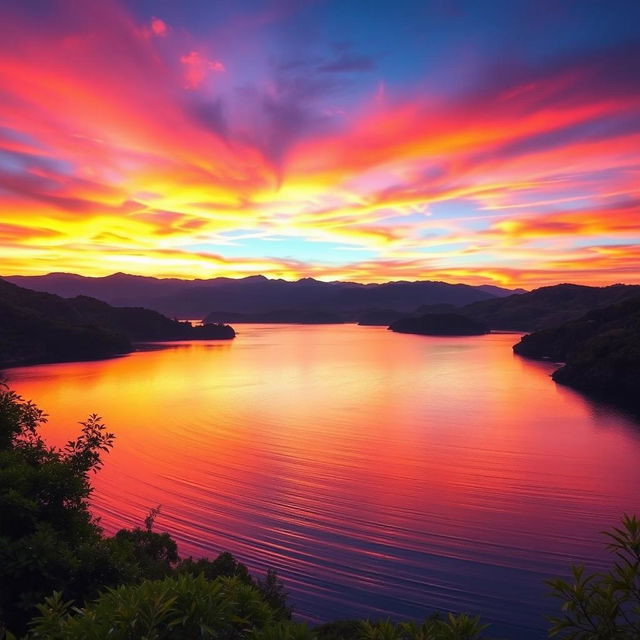 A beautifully enhanced professional photograph featuring a stunning landscape at sunset, showcasing vibrant colors in the sky with shades of orange, pink, and purple