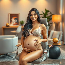 A striking portrait of Yami Gautam sitting on a stylish office chair, wearing a fashionable bikini that beautifully highlights her pregnant belly and big breasts