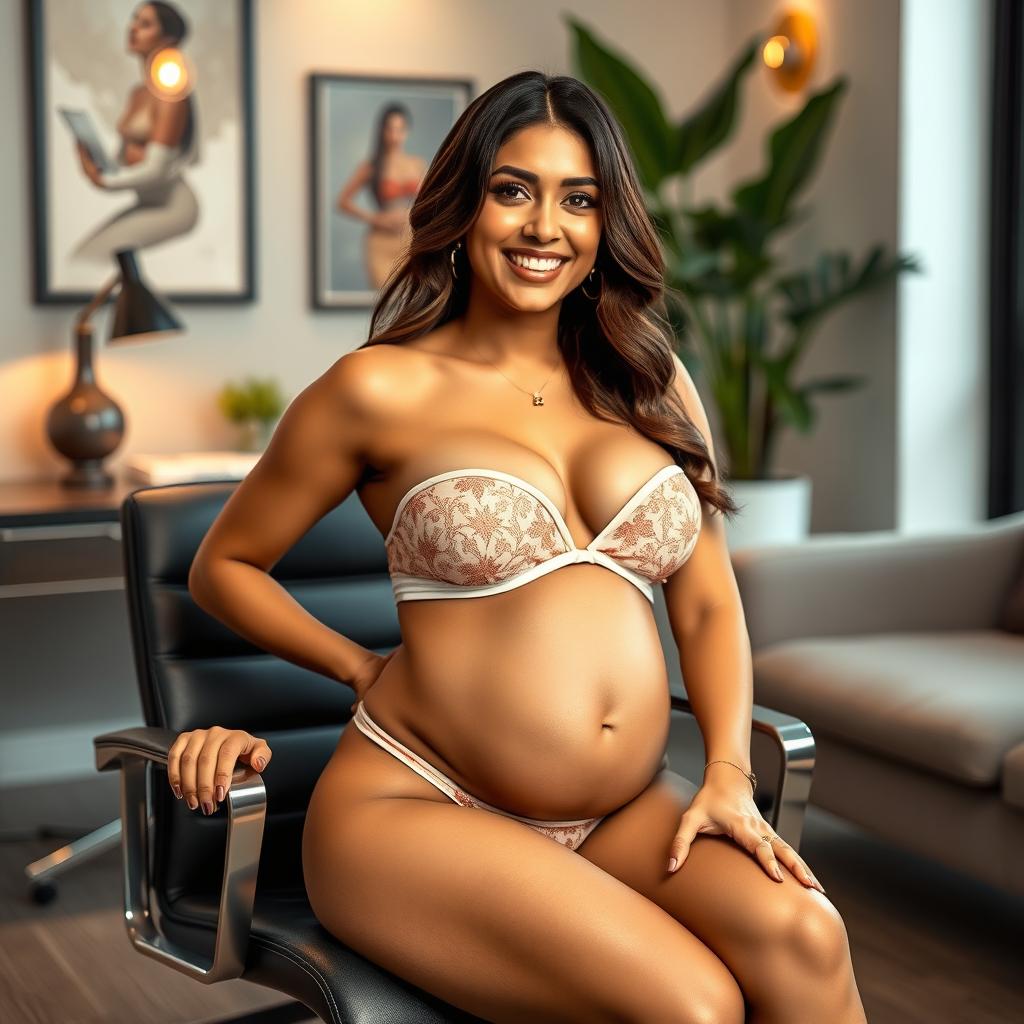 A striking portrait of Yami Gautam sitting on a stylish office chair, wearing a fashionable bikini that beautifully highlights her pregnant belly and big breasts