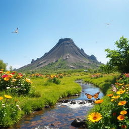 A small, dormant volcano with a closed crater, surrounded by lush greenery and colorful flowers, set against a bright blue sky