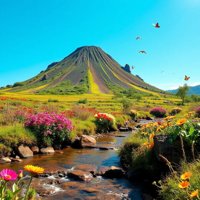 A small, dormant volcano with a closed crater, surrounded by lush greenery and colorful flowers, set against a bright blue sky