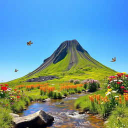 A small, dormant volcano with a closed crater, surrounded by lush greenery and colorful flowers, set against a bright blue sky