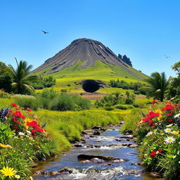 A small, dormant volcano with a closed crater, surrounded by lush greenery and colorful flowers, set against a bright blue sky