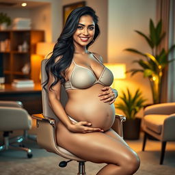 A captivating portrait of Yami Gautam sitting on a chic office chair, confidently wearing a stylish bikini that beautifully showcases her pregnant belly and full breasts