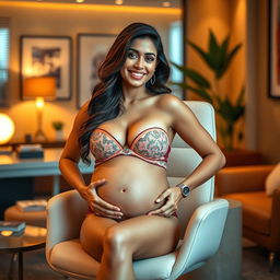 A captivating portrait of Yami Gautam sitting on a chic office chair, confidently wearing a stylish bikini that beautifully showcases her pregnant belly and full breasts