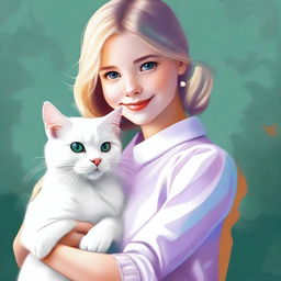 A high-quality digital art piece featuring a young girl with her white domestic cat