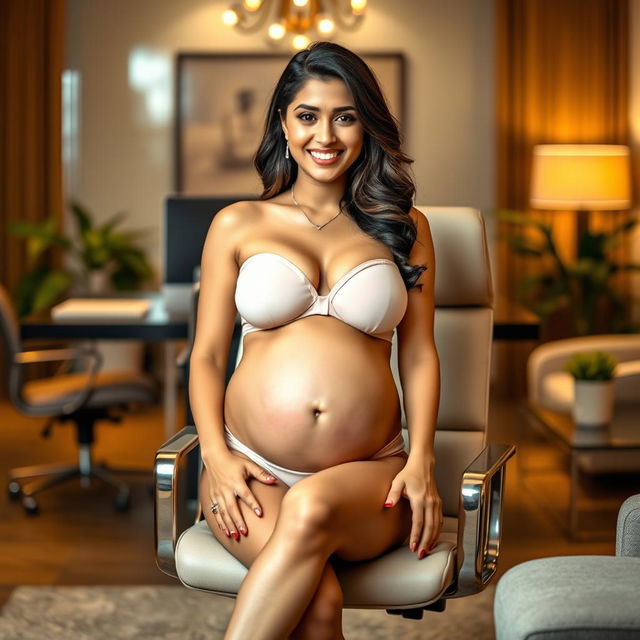 A captivating portrait of Yami Gautam sitting on a chic office chair, confidently wearing a stylish bikini that beautifully showcases her pregnant belly and full breasts