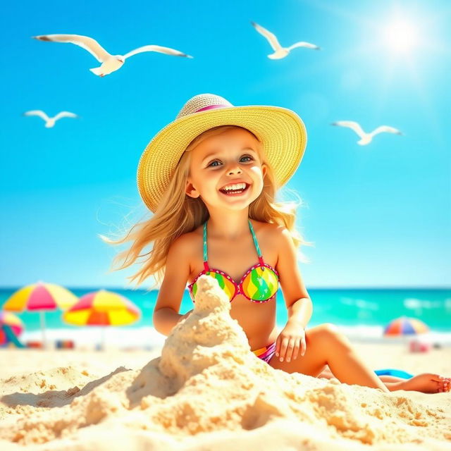 A cute girl enjoying a sunny day at the beach, wearing a colorful bikini and a wide-brimmed sun hat, her hair flowing in the breeze