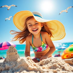 A cute girl enjoying a sunny day at the beach, wearing a colorful bikini and a wide-brimmed sun hat, her hair flowing in the breeze