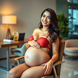 A captivating portrait of Yami Gautam sitting confidently on a stylish office chair, wearing a fashionable bikini that beautifully accentuates her pregnant belly and big breasts