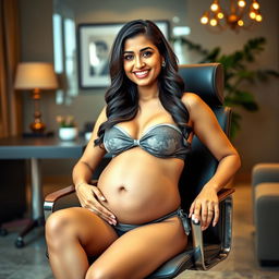 A captivating portrait of Yami Gautam sitting confidently on a stylish office chair, wearing a fashionable bikini that beautifully accentuates her pregnant belly and big breasts