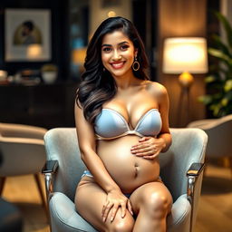 A captivating portrait of Yami Gautam sitting confidently on a stylish office chair, wearing a fashionable bikini that beautifully accentuates her pregnant belly and big breasts