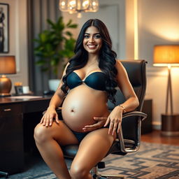 A captivating portrait of Yami Gautam sitting confidently on a stylish office chair, wearing a fashionable bikini that beautifully accentuates her pregnant belly and big breasts