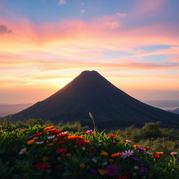 A small, closed volcano with a tranquil, symmetrical cone shape rising against a vibrant sky