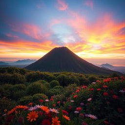 A small, closed volcano with a tranquil, symmetrical cone shape rising against a vibrant sky