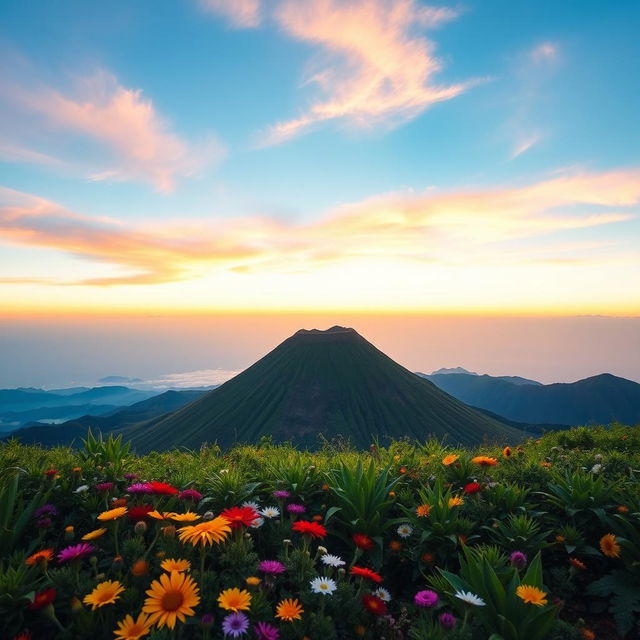 A small, closed volcano with a tranquil, symmetrical cone shape rising against a vibrant sky