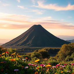 A small, closed volcano with a tranquil, symmetrical cone shape rising against a vibrant sky