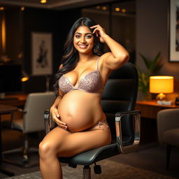 A captivating image of Yami Gautam sitting gracefully on a contemporary office chair, wearing an elegant bikini that accentuates her big belly and ample breasts