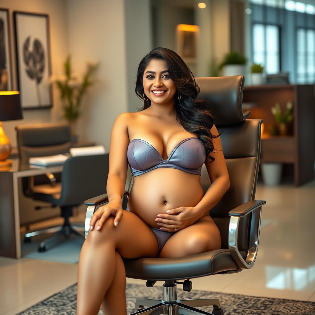 A captivating image of Yami Gautam sitting gracefully on a contemporary office chair, wearing an elegant bikini that accentuates her big belly and ample breasts