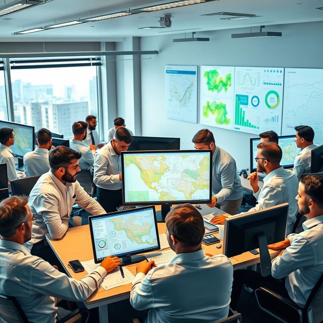 A vibrant and bustling GIS job market scene, showcasing a diverse group of men engaging in various activities related to Geographic Information Systems