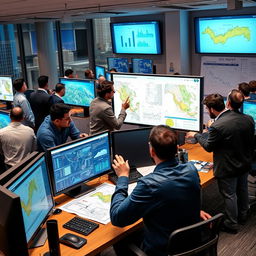 A vibrant and bustling GIS job market scene, showcasing a diverse group of men engaging in various activities related to Geographic Information Systems