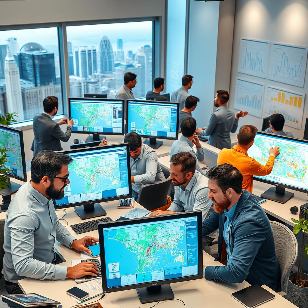 A vibrant and bustling GIS job market scene, showcasing a diverse group of men engaging in various activities related to Geographic Information Systems