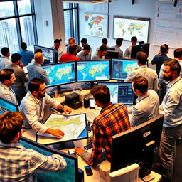 A vibrant and bustling GIS job market scene, showcasing a diverse group of men engaging in various activities related to Geographic Information Systems