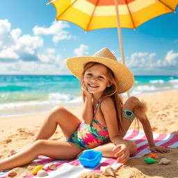 A cute 18-year-old girl enjoying a sunny day at the beach, wearing a colorful swimsuit and a wide-brimmed straw hat, sitting on a beach towel with a vibrant beach umbrella overhead
