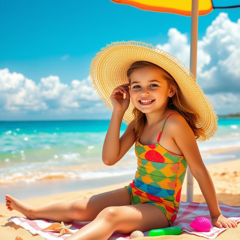 A cute 18-year-old girl enjoying a sunny day at the beach, wearing a colorful swimsuit and a wide-brimmed straw hat, sitting on a beach towel with a vibrant beach umbrella overhead