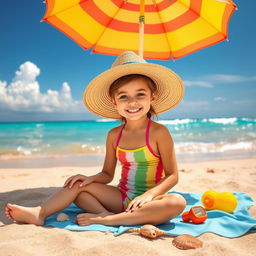 A cute 18-year-old girl enjoying a sunny day at the beach, wearing a colorful swimsuit and a wide-brimmed straw hat, sitting on a beach towel with a vibrant beach umbrella overhead