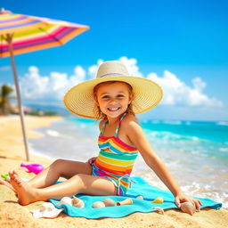 A cute 18-year-old girl enjoying a sunny day at the beach, wearing a colorful swimsuit and a wide-brimmed straw hat, sitting on a beach towel with a vibrant beach umbrella overhead
