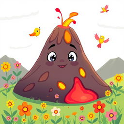 A cartoonish, small volcano with a closed mouth and big, expressive eyes