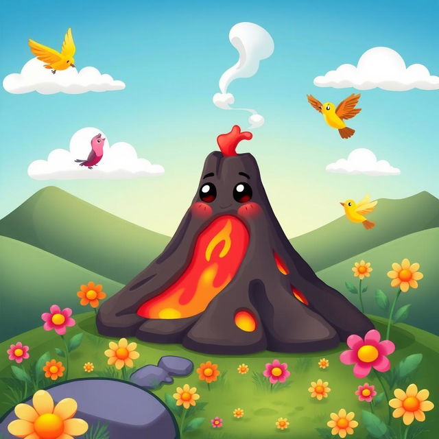 A cartoonish, small volcano with a closed mouth and big, expressive eyes