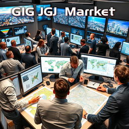 A dynamic and bustling GIS (Geographic Information Systems) job market scene, featuring men engaged in discussions, analyzing maps, and working on computer screens filled with geographical data and analytics
