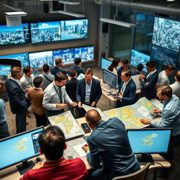 A dynamic and bustling GIS (Geographic Information Systems) job market scene, featuring men engaged in discussions, analyzing maps, and working on computer screens filled with geographical data and analytics